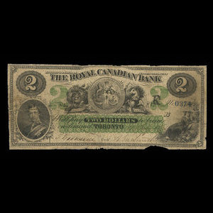 Canada, Royal Canadian Bank, 2 dollars : 4 juillet 1865