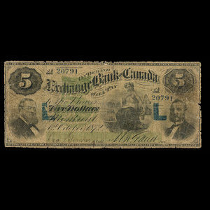 Canada, Exchange Bank of Canada, 5 dollars : 1 octobre 1872