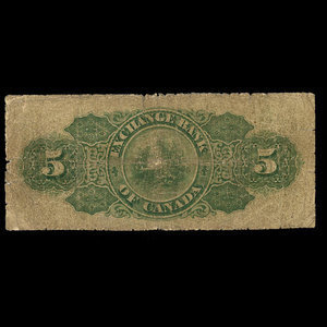 Canada, Exchange Bank of Canada, 5 dollars : 1 octobre 1872