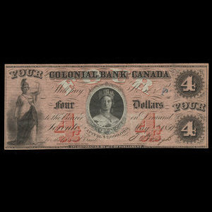 Canada, Colonial Bank of Canada, 4 dollars : 4 mai 1859