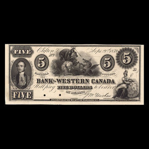 Canada, Bank of Western Canada, 5 dollars : 20 septembre 1859