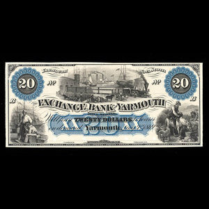 Canada, Exchange Bank of Yarmouth, 20 dollars : 1 août 1869