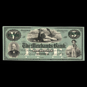 Canada, Merchants Bank (The), 5 dollars : 1 juin 1864