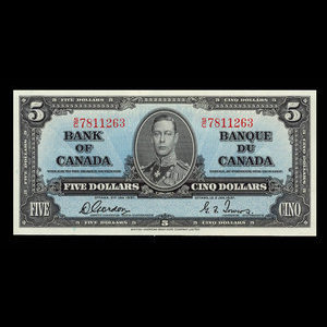 Canada, Banque du Canada, 5 dollars : 2 janvier 1937