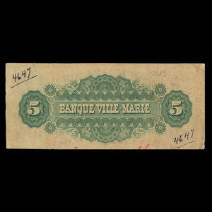 Canada, Banque Ville-Marie, 5 dollars : 1 octobre 1885