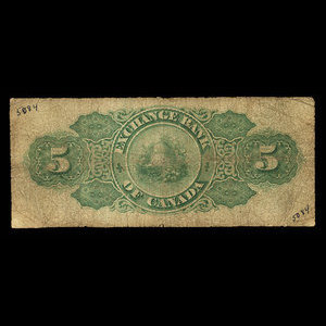 Canada, Exchange Bank of Canada, 5 dollars : 1 octobre 1872