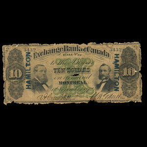 Canada, Exchange Bank of Canada, 10 dollars : 1 novembre 1872