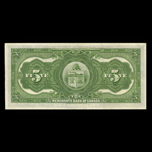 Canada, Merchants Bank of Canada (The), 5 dollars : 1 novembre 1919