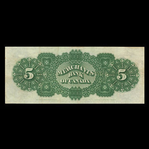 Canada, Merchants Bank of Canada (The), 5 dollars : 2 juillet 1886