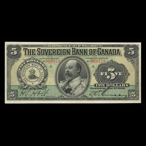 Canada, Sovereign Bank of Canada, 5 dollars : 1 mai 1902