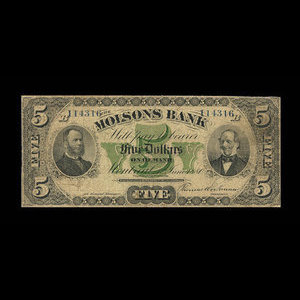 Canada, Molsons Bank, 5 dollars : 1 juin 1880