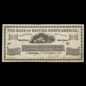 Canada, Bank of British North America, 20 dollars : 1 décembre 1865