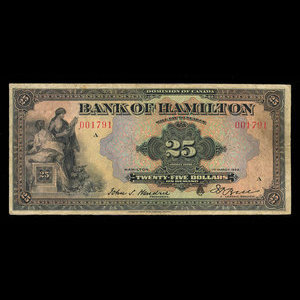 Canada, Bank of Hamilton, 25 dollars : 1 mars 1922