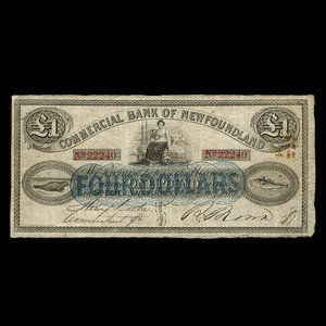 Canada, Commercial Bank of Newfoundland, 4 dollars : 1 janvier 1867