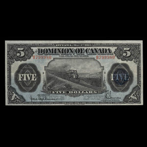 Canada, Dominion du Canada, 5 dollars : 1 mai 1912