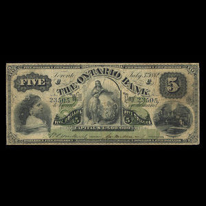 Canada, Ontario Bank, 5 dollars : 3 juillet 1882