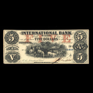 Canada, International Bank of Canada, 5 dollars : 15 septembre 1858