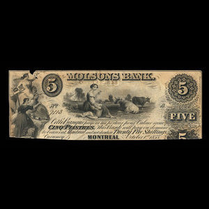 Canada, Molsons Bank, 5 piastres : 1 octobre 1853