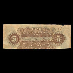 Canada, Molsons Bank, 5 piastres : 1 octobre 1853