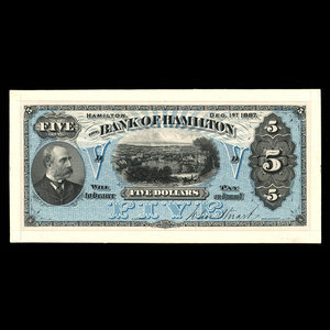 Canada, Bank of Hamilton, 5 dollars : 1 décembre 1887