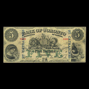 Canada, Bank of Toronto (The), 5 dollars : 1 juillet 1890