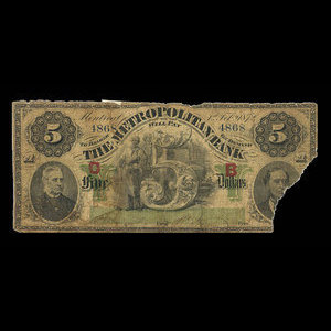 Canada, Metropolitan Bank, 5 dollars : 1 février 1872