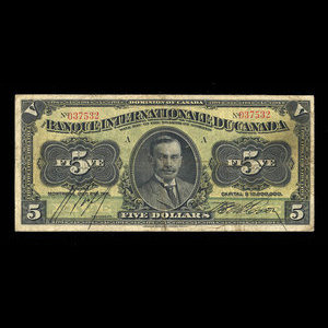 Canada, Banque Internationale du Canada, 5 dollars : 2 octobre 1911