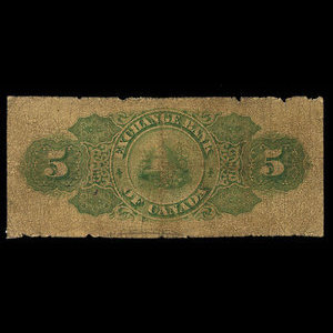 Canada, Exchange Bank of Canada, 5 dollars : 1 octobre 1872