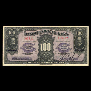 Canada, Banque d'Hochelaga, 100 dollars : 2 janvier 1920