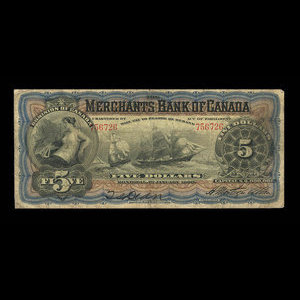 Canada, Merchants Bank of Canada (The), 5 dollars : 1 janvier 1900