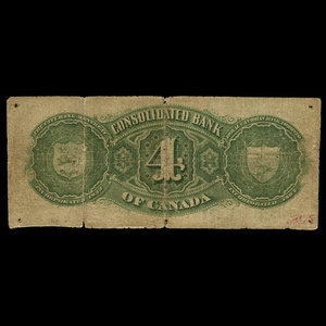 Canada, Consolidated Bank of Canada, 4 dollars : 1 juillet 1876