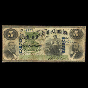 Canada, Exchange Bank of Canada, 5 dollars : 1 octobre 1872