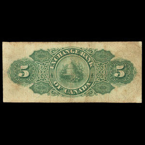 Canada, Exchange Bank of Canada, 5 dollars : 1 octobre 1872