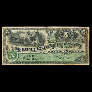 Canada, Farmers Bank of Canada, 5 dollars : 1 septembre 1908