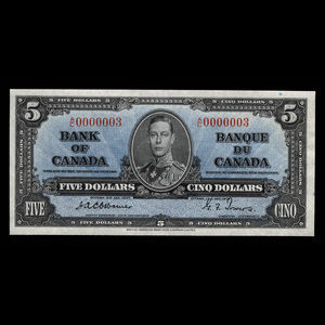 Canada, Banque du Canada, 5 dollars : 2 janvier 1937