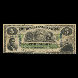 Canada, Royal Canadian Bank, 5 dollars : 26 juillet 1865