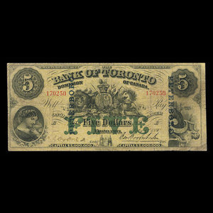 Canada, Bank of Toronto (The), 5 dollars : 1 juillet 1890