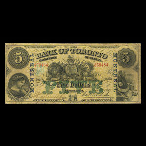 Canada, Bank of Toronto (The), 5 dollars : 1 juillet 1890