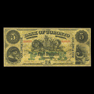 Canada, Bank of Toronto (The), 5 dollars : 1 juillet 1890