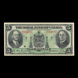 Canada, Banque Royale du Canada, 5 dollars : 2 janvier 1935