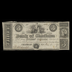 Canada, Colonial Bank of Chatham, 3 dollars : 3 février 1837