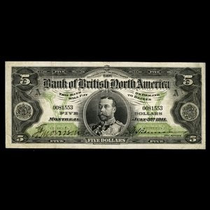 Canada, Bank of British North America, 5 dollars : 3 juillet 1911