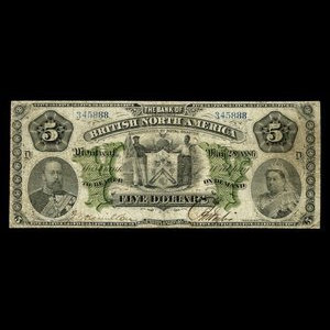 Canada, Bank of British North America, 5 dollars : 28 mai 1886