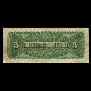 Canada, Bank of British North America, 5 dollars : 28 mai 1886