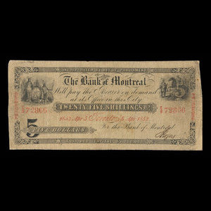 Canada, Banque de Montréal, 5 dollars : 5 avril 1852