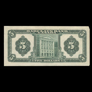 Canada, Barclays Bank, 5 dollars : 3 septembre 1929