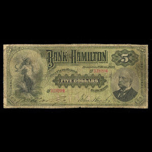 Canada, Bank of Hamilton, 5 dollars : 1 juin 1892