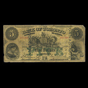 Canada, Bank of Toronto (The), 5 dollars : 1 juillet 1890