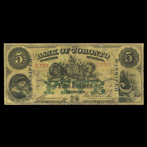 Canada, Bank of Toronto (The), 5 dollars : 1 juillet 1890