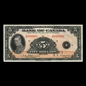 Canada, Banque du Canada, 5 dollars : 1935